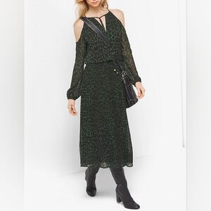 Michael‎ Kors Cold Shoulder Cheetah-Print Georgette Tie-Neck Dress Women's Small